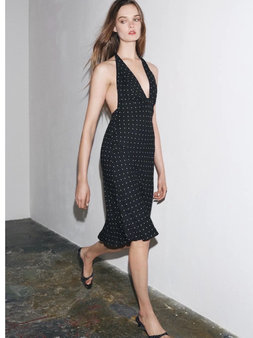 Zara Black Polka Dot Halter Midi Dress